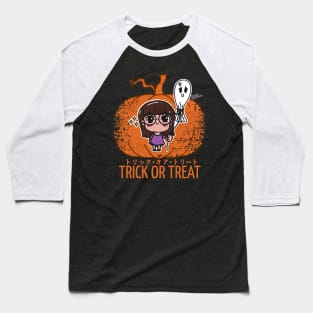 Kawaii Girl and the Unhappy Spirit: Halloween Charm on Pumpkin Background Baseball T-Shirt